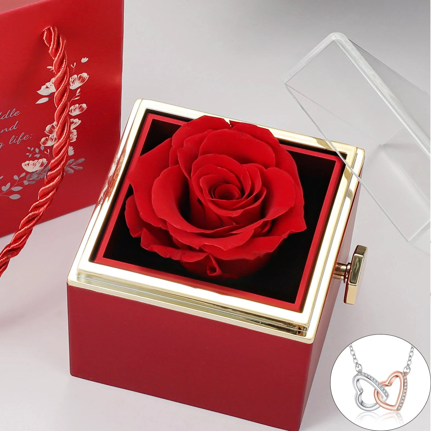 Eternal Rose Jewelry Box with Heart Necklace for Mother's Day - Rotating Flower Gift Packaging