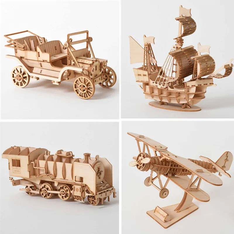 Diy 3D Wooden Puzzle for Assembly Puzzle Laser Cutting Sailing Ship Biplane Steam Locomotive Train Toy Diy Kit for Adults Child