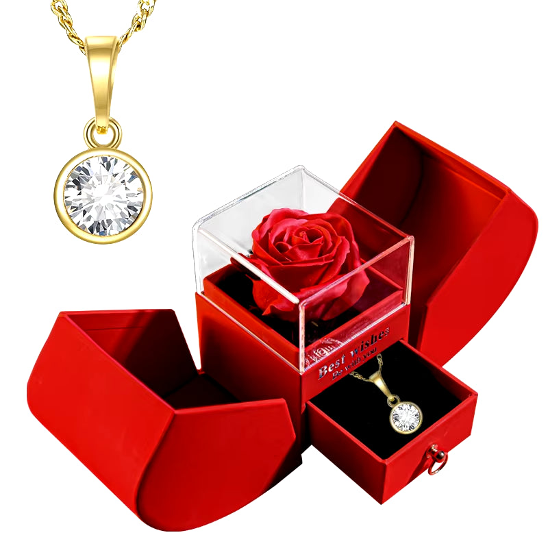 Eternal Rose Gift Box with Heart-Shaped Shiny Diamond Necklace Pendant Jewelry Set for Weddings and Birthdays