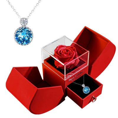 Eternal Rose Gift Box with Heart-Shaped Shiny Diamond Necklace Pendant Jewelry Set for Weddings and Birthdays