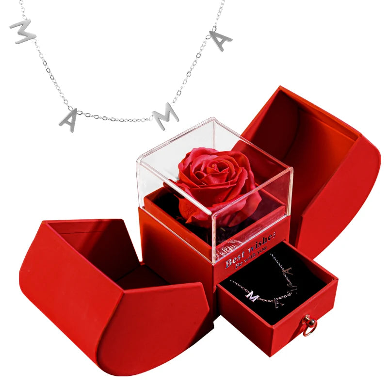 Eternal Rose Gift Box with Heart-Shaped Shiny Diamond Necklace Pendant Jewelry Set for Weddings and Birthdays