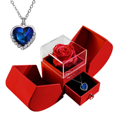 Eternal Rose Gift Box with Heart-Shaped Shiny Diamond Necklace Pendant Jewelry Set for Weddings and Birthdays