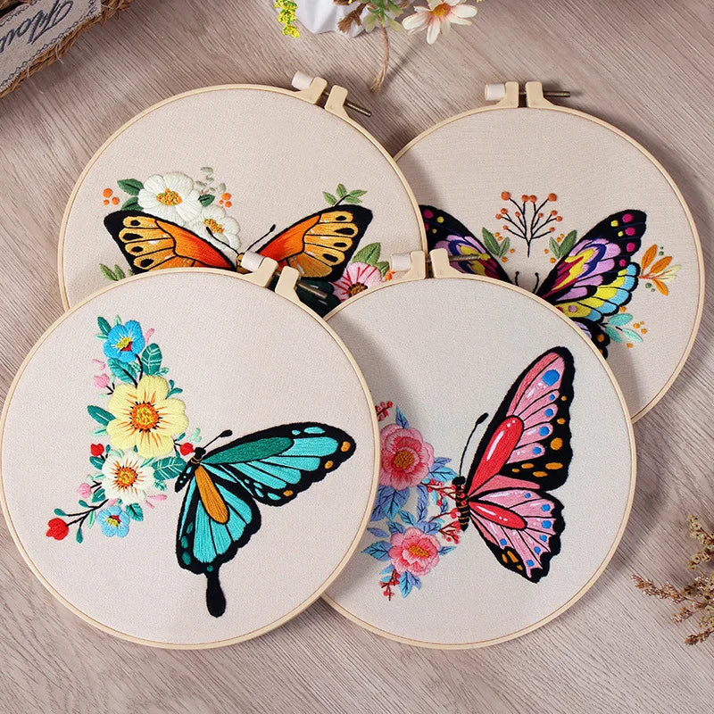 Beginner's DIY Embroidery Kit - Butterfly Pattern Cross Stitch Set with Needlework Hoop for Handmade Sewing Art Crafts