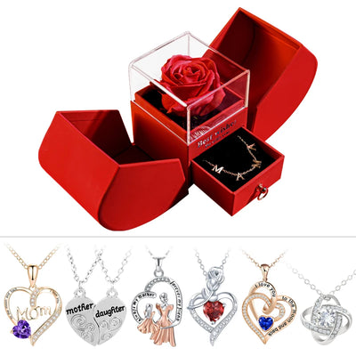 Eternal Rose Gift Box with Heart-Shaped Shiny Diamond Necklace Pendant Jewelry Set for Weddings and Birthdays