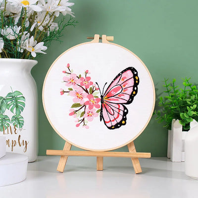 Beginner's DIY Embroidery Kit - Butterfly Pattern Cross Stitch Set with Needlework Hoop for Handmade Sewing Art Crafts