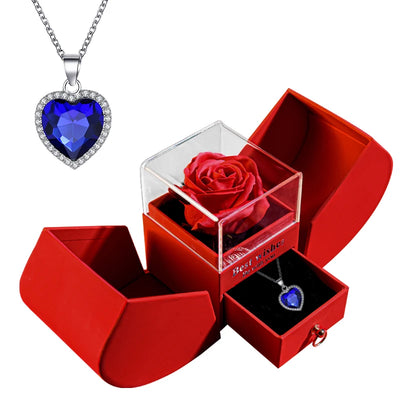 Eternal Rose Gift Box with Heart-Shaped Shiny Diamond Necklace Pendant Jewelry Set for Weddings and Birthdays