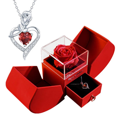 Eternal Rose Gift Box with Heart-Shaped Shiny Diamond Necklace Pendant Jewelry Set for Weddings and Birthdays