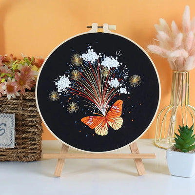 Beginner's DIY Embroidery Kit - Butterfly Pattern Cross Stitch Set with Needlework Hoop for Handmade Sewing Art Crafts