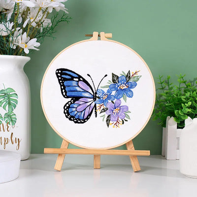 Beginner's DIY Embroidery Kit - Butterfly Pattern Cross Stitch Set with Needlework Hoop for Handmade Sewing Art Crafts