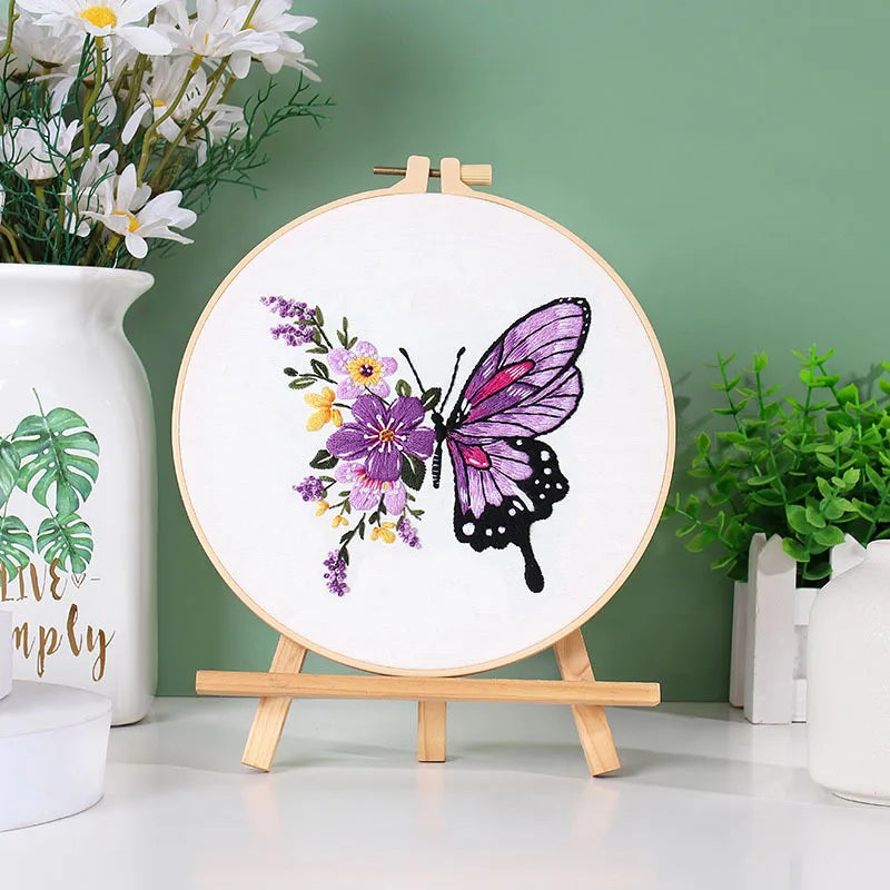 Beginner's DIY Embroidery Kit - Butterfly Pattern Cross Stitch Set with Needlework Hoop for Handmade Sewing Art Crafts