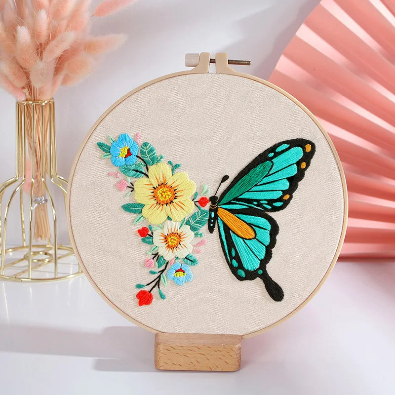 Beginner's DIY Embroidery Kit - Butterfly Pattern Cross Stitch Set with Needlework Hoop for Handmade Sewing Art Crafts