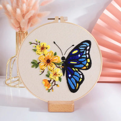 Beginner's DIY Embroidery Kit - Butterfly Pattern Cross Stitch Set with Needlework Hoop for Handmade Sewing Art Crafts