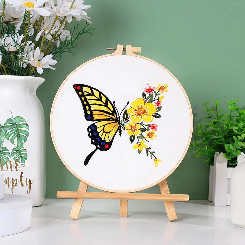 Beginner's DIY Embroidery Kit - Butterfly Pattern Cross Stitch Set with Needlework Hoop for Handmade Sewing Art Crafts