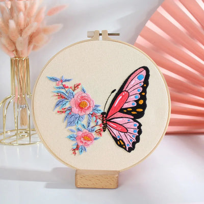 Beginner's DIY Embroidery Kit - Butterfly Pattern Cross Stitch Set with Needlework Hoop for Handmade Sewing Art Crafts