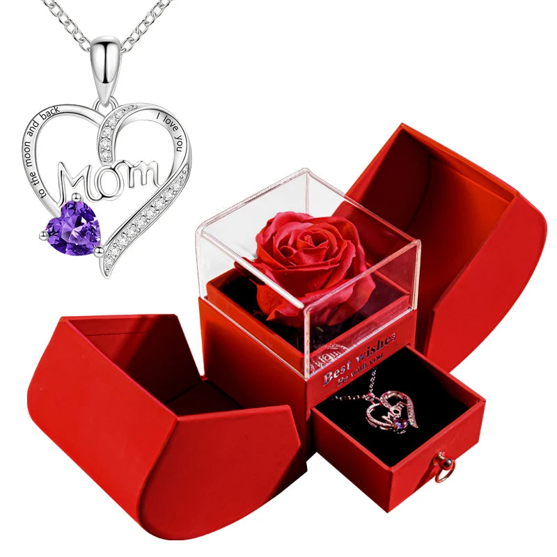 Eternal Rose Gift Box with Heart-Shaped Shiny Diamond Necklace Pendant Jewelry Set for Weddings and Birthdays