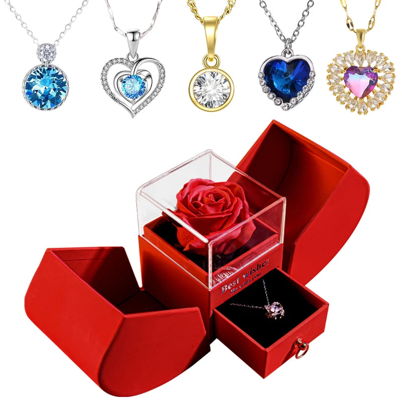 Eternal Rose Gift Box with Heart-Shaped Shiny Diamond Necklace Pendant Jewelry Set for Weddings and Birthdays