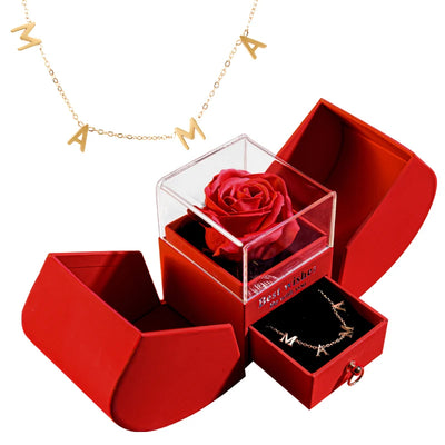 Eternal Rose Gift Box with Heart-Shaped Shiny Diamond Necklace Pendant Jewelry Set for Weddings and Birthdays