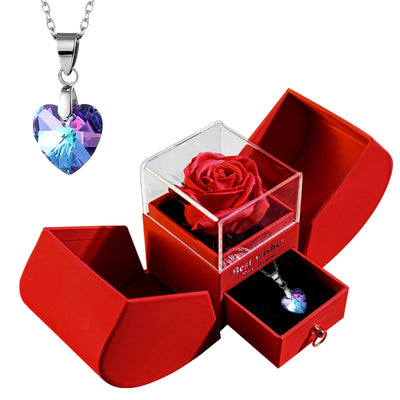 Eternal Rose Gift Box with Heart-Shaped Shiny Diamond Necklace Pendant Jewelry Set for Weddings and Birthdays