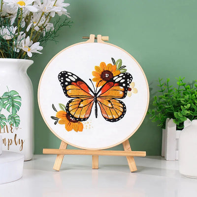 Beginner's DIY Embroidery Kit - Butterfly Pattern Cross Stitch Set with Needlework Hoop for Handmade Sewing Art Crafts