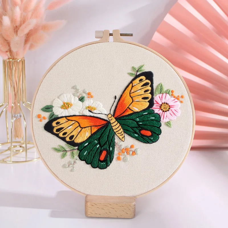 Beginner's DIY Embroidery Kit - Butterfly Pattern Cross Stitch Set with Needlework Hoop for Handmade Sewing Art Crafts