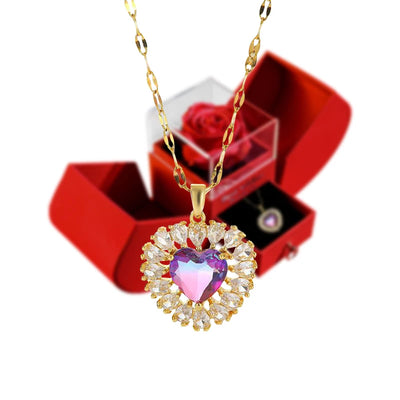 Eternal Rose Gift Box with Heart-Shaped Shiny Diamond Necklace Pendant Jewelry Set for Weddings and Birthdays