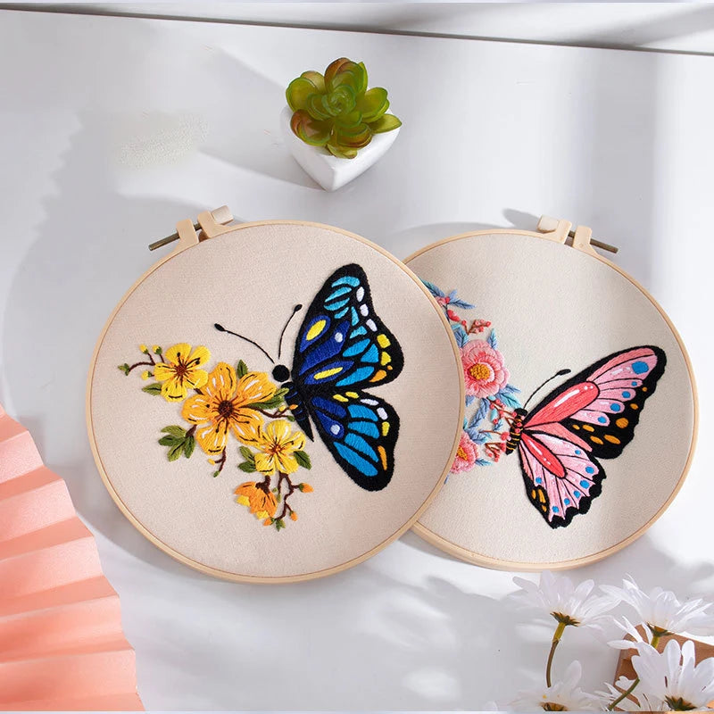 Beginner's DIY Embroidery Kit - Butterfly Pattern Cross Stitch Set with Needlework Hoop for Handmade Sewing Art Crafts