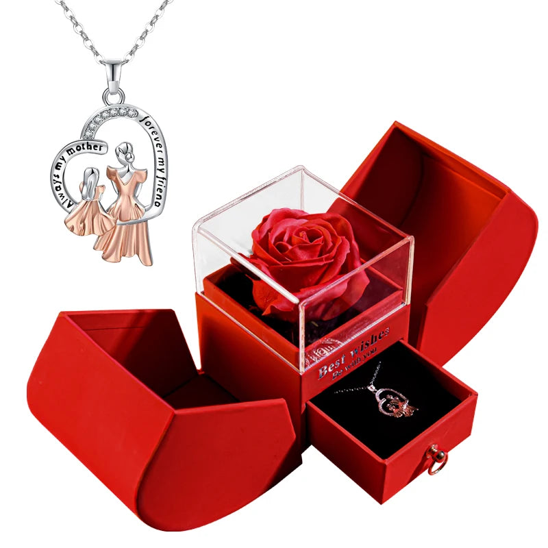 Eternal Rose Gift Box with Heart-Shaped Shiny Diamond Necklace Pendant Jewelry Set for Weddings and Birthdays